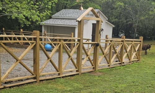 Photo of an animal enclosure featuring an entrance archway with an "OK Corral" sign