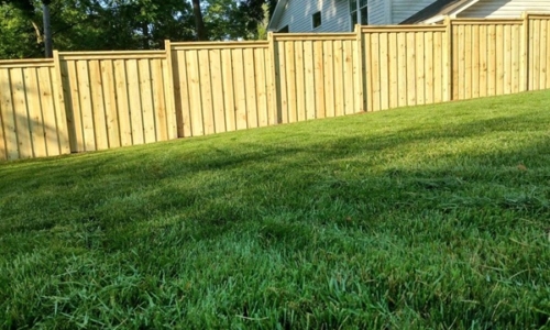 A wooden privacy fence runs down a slight incline as it separates the yards of two houses.