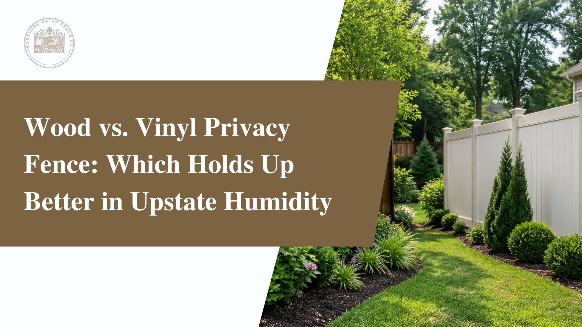 Wood privacy fence and white vinyl privacy fence in a landscaped Simpsonville South Carolina backyard