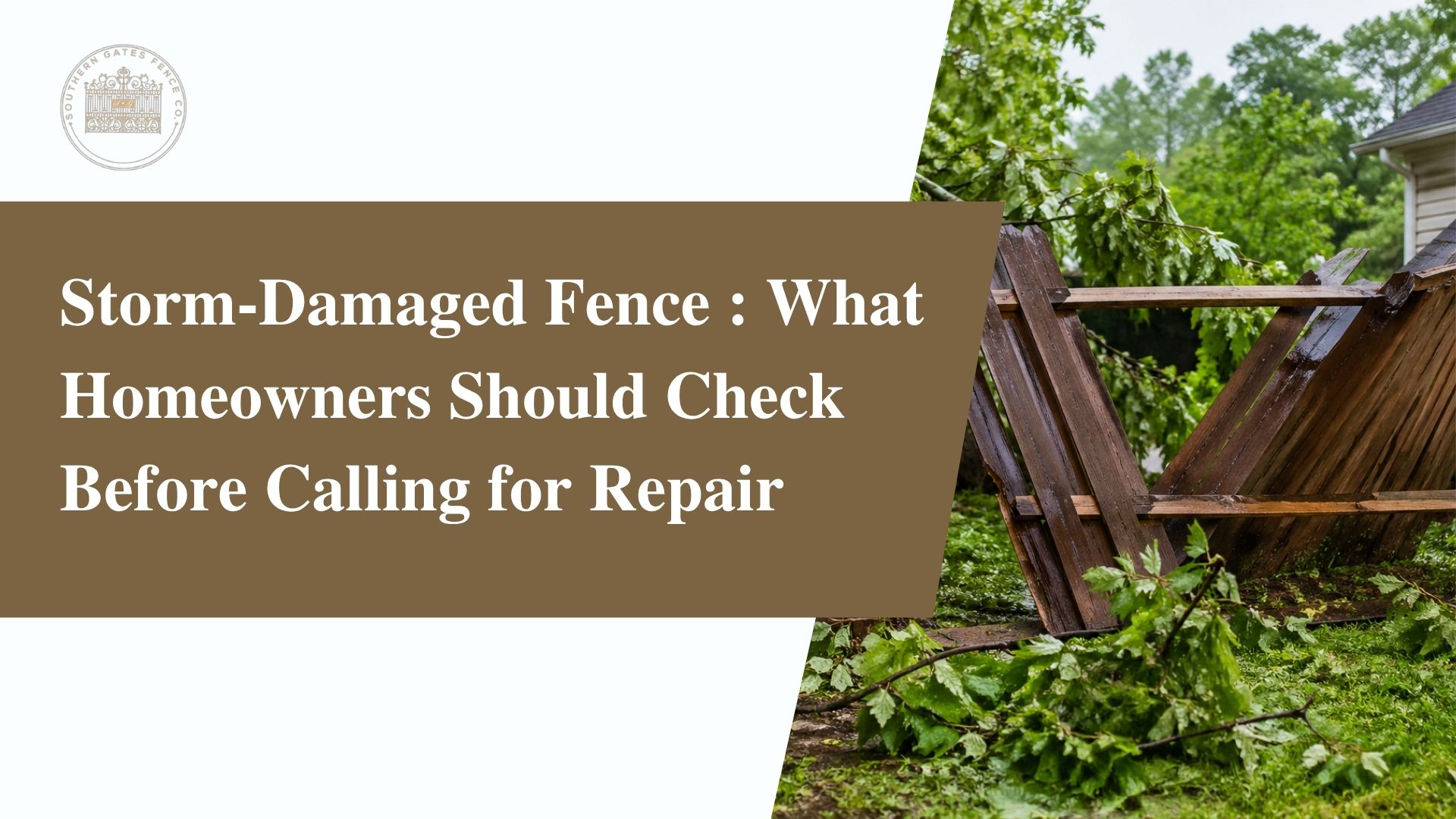 Storm-damaged wooden fence with broken panels and fallen tree branches in a wet Upstate South Carolina backyard